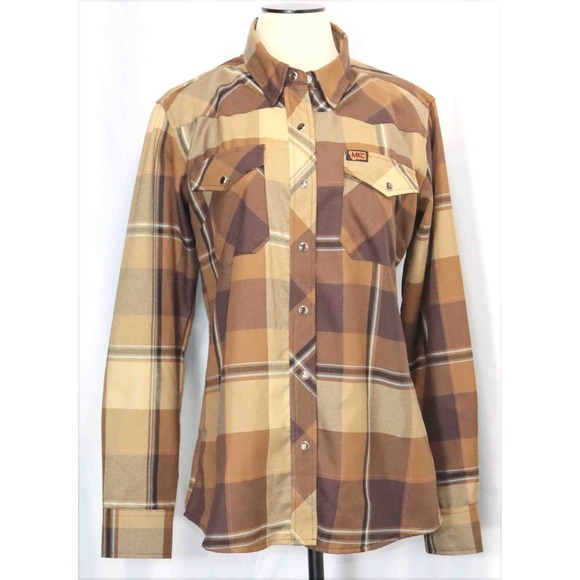 DIXXON Tops - Dixxon Montana Knife Company Brown Plaid Pearl Snap‎ L/S Shirt Womens Size Large